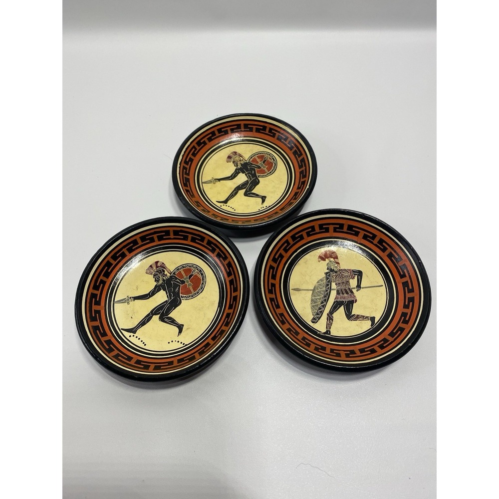 Vintage Terracotta Warrior Hand Painted  Made In Greece Set Of 3  4" Plates